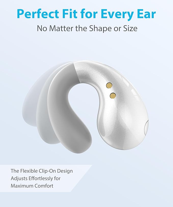 Ultra Open Ear Earbuds - Ergonomic Clip-On Earbuds, Small Bone Conduction Over-The-Ear Headphones with Waterproof Design, Perfect Running Headphones for Sports and Fitness, Elegant White