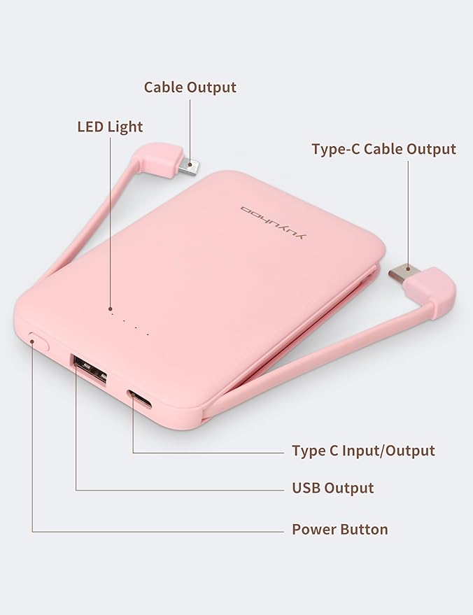 Portable Charger, Slimmest 5000mAh Portable Charger with Built in USB-C Cables, USB C in&out Charging Battery Pack, External Phone Powerbank Compatible with iPhone, Android, 2 Pack White & Pink