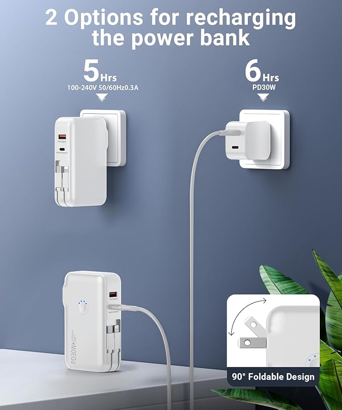 Portable Charger, Power Bank, 16000mAh Power Bank Built-in AC Wall Plug and Cables, PD 30W and QC4.0 Fast Charger for iPhone and Android Phones and Most Electronic Devices (White)
