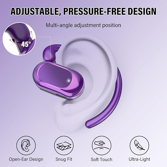 Open Ear Headphones, Bluetooth 5.4 Earphones 36H Playtime Air Conduction Headphones with Mic, Adjustable Earhook Earbuds with ENC Clear Calls/LED Display, IPX7 Open Ear Earbuds, Dark Purple