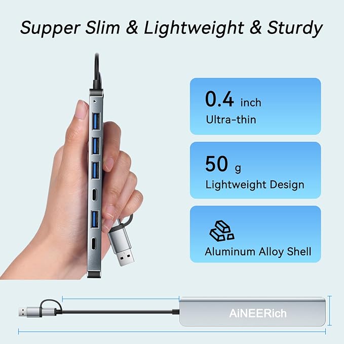 USB C Hub Multiport Adapter,7 in 1 USB-C & USB A Hub Expansion Multi USB3.0/2.0 Port,Aluminum USB Type C Hub for iPhone 16 15,Laptop,PC,Mac,MacBook Pro Air,iPad,Desktop,Grey