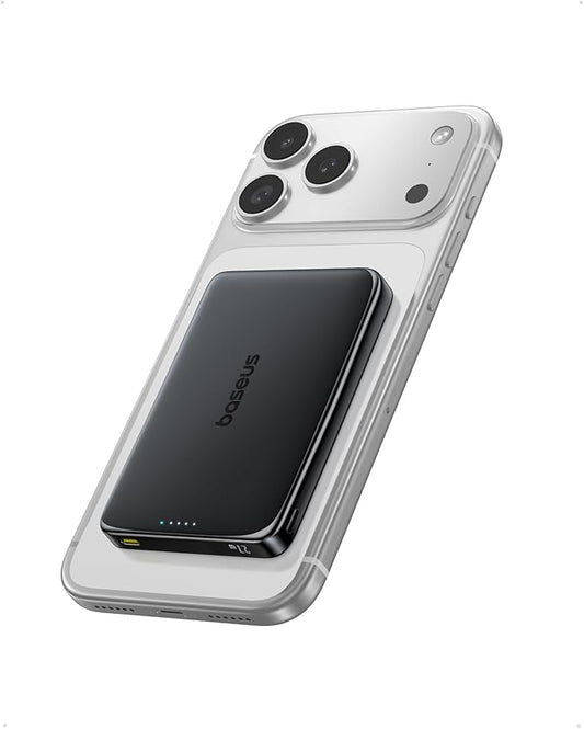 Baseus Picogo Power Bank, 0.5" Ultra Slim 10000mAh MagSafe Portable Charger, 27W Fast Charging Magnetic Battery Pack, Upgraded Polished Alloy Wireless Charger for iPhone 17 Pro Max/Air/16/15/14/13/12