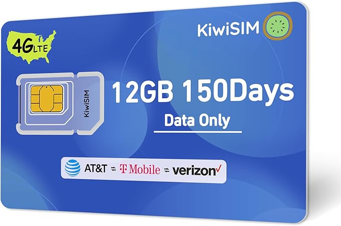 Prepaid Data SIM Card 12GB 150Days,4G LTE SIM Card for Unlocked Phone/Router/Security Camera,Support for AT&T,T-Mobile and Verizon,No Contract(Requires Activation)