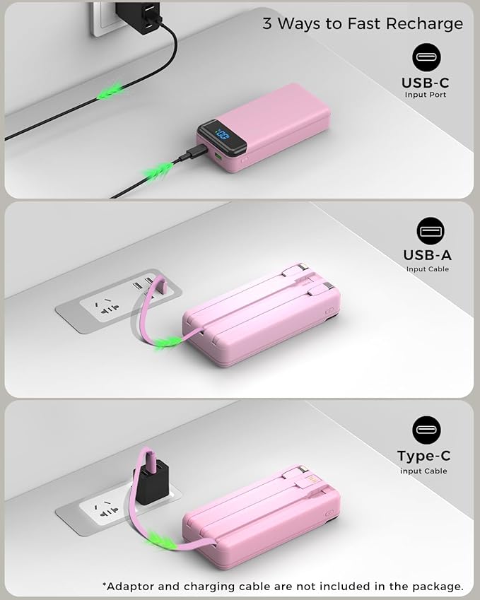 Portable Charger 40000mAh Power Bank Built-in Cable Battery Pack, PD 22.5W Fast Charging Portable Phone Charger 4 Output 3 Input, Compatible with iPhone 16 15 14 13 Samsung Google iPad (Pink)
