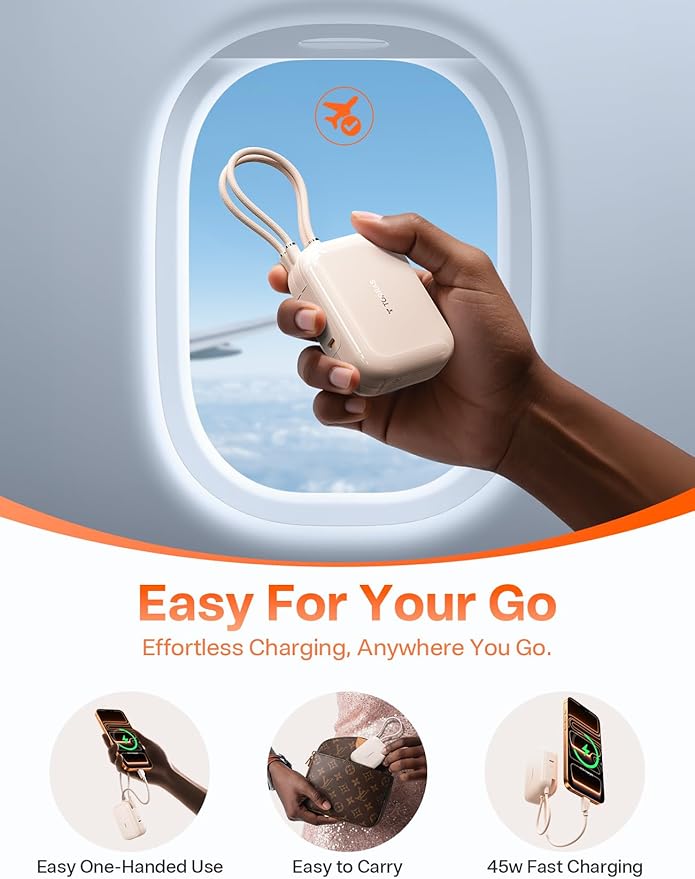 TORRAS 10000mah Portable Charger Power Bank 45W Fast Charging [Daily Use & Travel Essential] Built in Cable USB C, Phone Battery Pack Powerbank for iPhone 17 16 15, Samsung S25, S24, Google Piexl etc