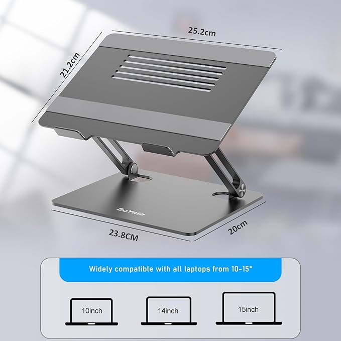 BoYata Laptop Stand, Adjustable Laptop Riser Ergonomic Computer Stand for Desk, Laptop Holder Compatible for MacBook Pro/Air, Surface Laptop and Other Laptops up to 15 Inches-Space Gray