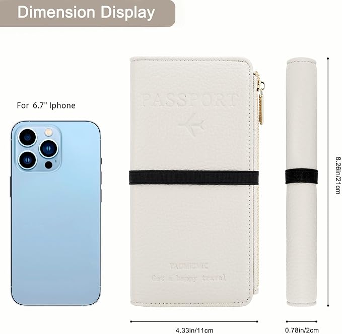 DOB SECHS Passport Holder for Travel Women RFID Blocking Leather Passport Wallet Travel Document Organizer Pouch Bag, Slim Passport Cover Case with Zipper Cash Pocket Purse+Card Slots+ID Window, White