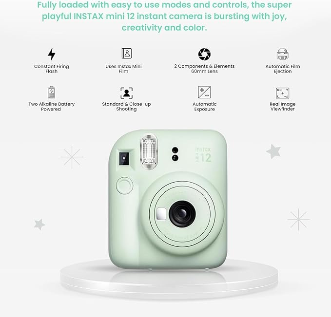 Fujifilm Instant Mini 12 Camera + Accessory Bundle & Custom Case + Fuji Instant Film (20 Shots), Designer Mini Photo Album (60 Pockets) (Mint Green)