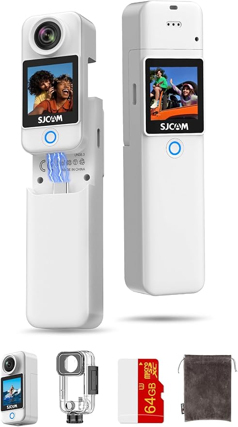 SJCAM C300 Standard Combo,4K Pocket Action Camera,7Hour Power,6-Axis Stabilization,Dual-Touch Screen Body Camera for travel,sport,blog,Waterproof,Youtube Live Streaming,Magnetic Werable,64G card,White