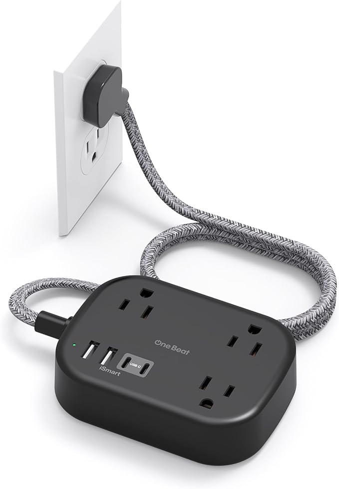 One Beat Cruise Ship Essentials,Travel Power Strip with USB C,Flat Plug Extension Cord with 3 Outlets 4 USB Ports(2 USB C),5 ft Desk Wall Outlet Extender,Non Surge Protector for Cruise,Dorm, Black