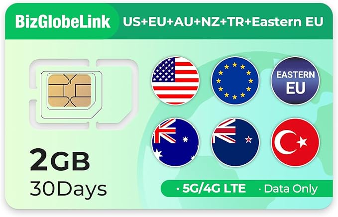 International Data SIM Card for Travel - USA & Europe & Australia & New Zealand & Eastern Europe & Turkey 5G/4G/LTE Coverage - No Contract, Easy Management, 3 in 1 SIM Data only No Phone Number