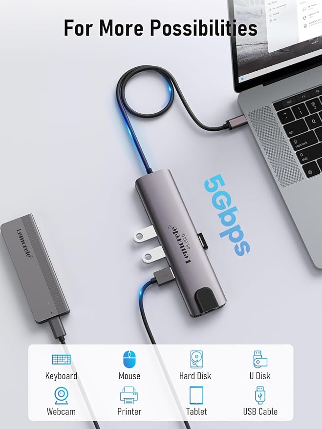 Lemorele USB C Hub Multiport Adapter 10-in-1 for MacBook Pro with HDMI 4K 60Hz, Gigabit Ethernet, 100W Power Delivery, 2 USB 3.0 Ports, SD/TF Card Reader, for HP/Dell/Lenovo Laptops