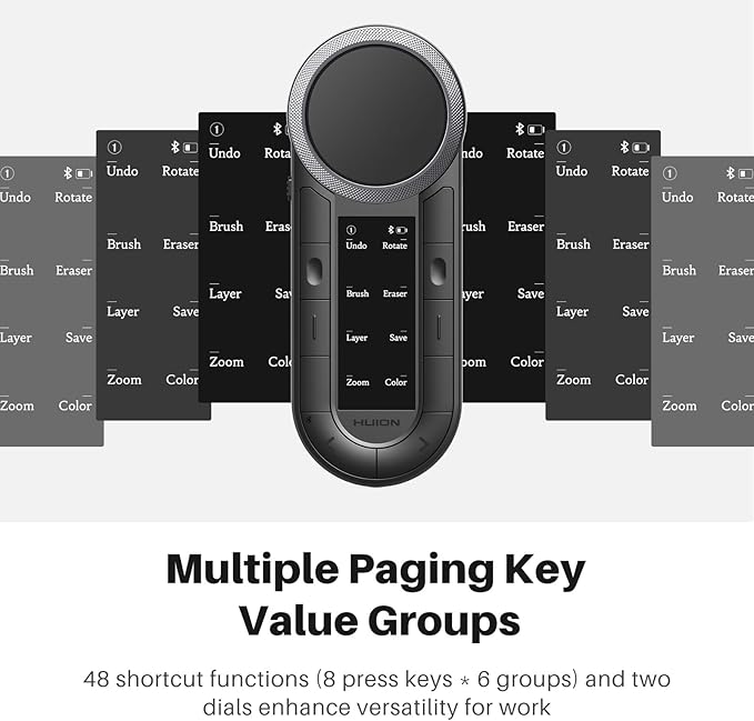 HUION Keydial Remote Bluetooth Programmable Keypad with Dual Dials 60 Customized Keys, OLED Display Macro Keypad Work with PC, Mac, Mobile, One-Hand Shortcut Keyboard for Drawing Tablet, Laptops