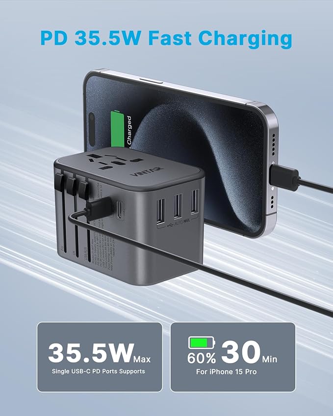 Universal Travel Adapter, VINTAR 35.5W International Power Adapter with 3 USB A QC and 2 USB C PD, All in One Plug Adapter Worldwide Travel Essentials for EU/UK/USA/AUS(Type C/G/A/I), Silver