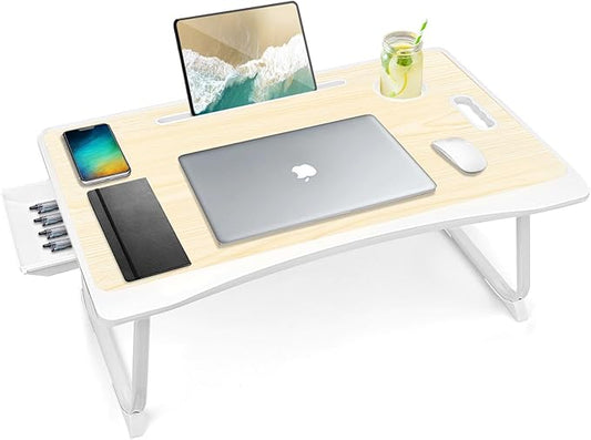 Amaredom Laptop Bed Desk Tray Bed Table, Foldable Portable Lap Desk Notebook Stand Reading Holder with Storage Drawer and Cup Holder for Eating Breakfast on Bed/Couch/Sofa-White Maple