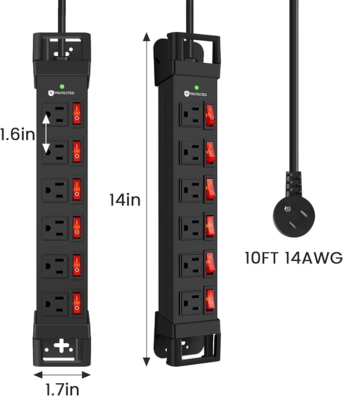 Heavy Duty Power Strip,6 Outlets Metal Power Strip with Individual Switch & Cord Management,Mountable Surge Protector 1200J,10FT Extension Cord (Black,10 FT)