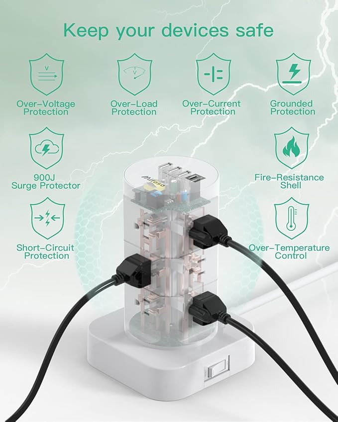 Tower Surge Protector Power Strip with 12 Outlets 4 USB (1 USB C), Mifaso Extension Cord with Multiple Outlets, 1800J Protection, Office Desk Supplies, Dorm Essentials