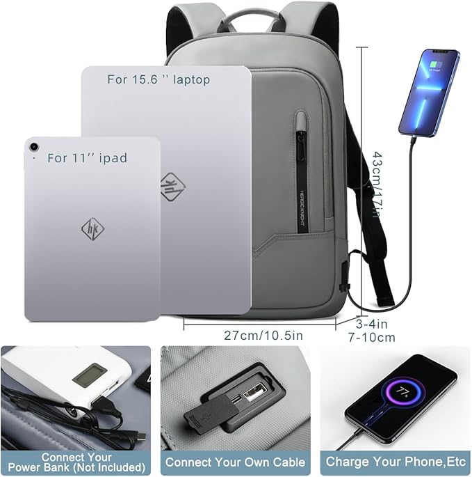 hk Backpack for Men Business Slim Backpack with USB Charger Computer Lightweight Anti-theft Travel (Grey, 17.3 Inch)