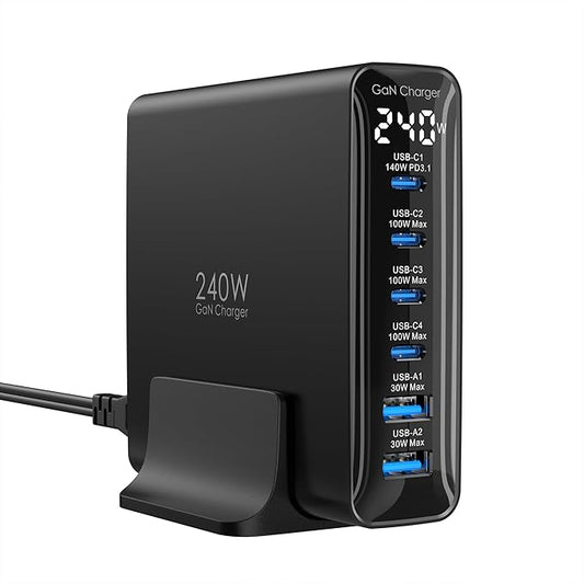 240W USB C Charger 6-Port, PD3.1 GaN Charger with LED Display Desktop Fast Charging Station for MacBook Pro/Air, iPhone Pro, iPad Pro, Dell XPS, Galaxy, Pixel, Laptops and More, Black