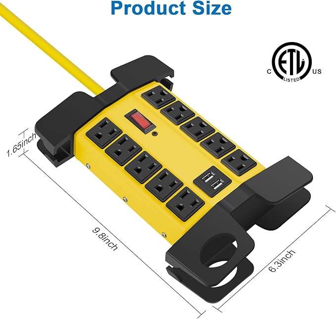 CCCEI Heavy Duty Power Strip with USB Ports, Garage 10 Outlets Surge Protector 2700 Joules, Industrial Workshop Metal 15Amp Multiple Outlets, 10 FT Extension Cord and Wide Spaced Yellow.