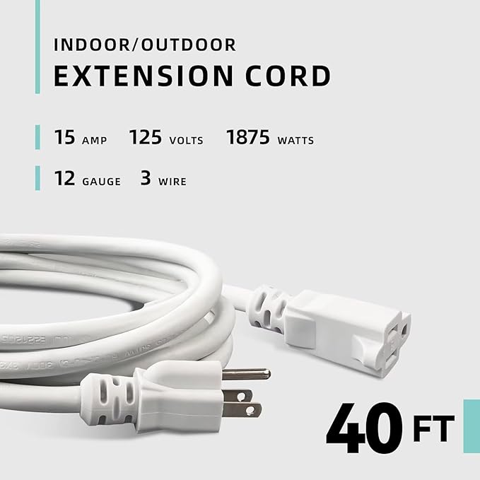 40ft Indoor Outdoor Extension Cord - 12/3 SJTW Heavy Duty Extension Cable with 3 Prong Grounded Plug for Safety -15Amp 1875W White Electric Cord Great for Garden, Appliances