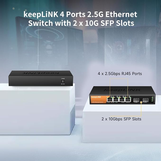 6-Port 2.5G Switch Unmanaged, 4 x 2.5GBASE-T Ports & 2 x 10GBASE-T SFP Slots, 60Gbps Switching Capacity, Plug & Play/Wall Mountable/Fanless Metal, Compatible with 1000Mbps Devices