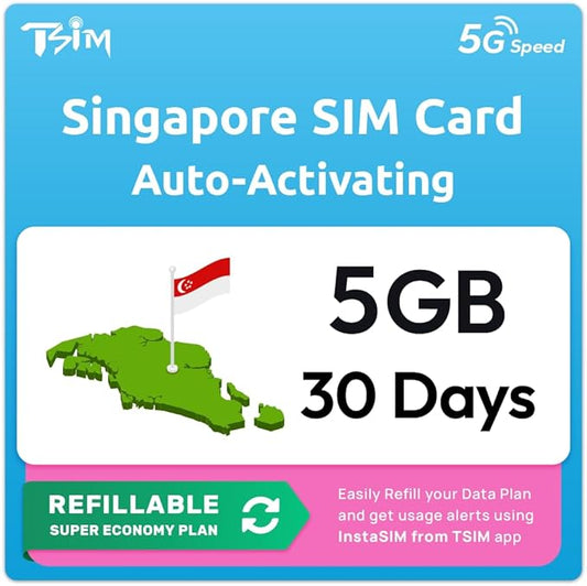 Singapore SIM Card | 5GB Super Economy Refillable Plan! Auto Activating 30 Day Validity | Hotspot Allowed | Data-Only No Phone Number