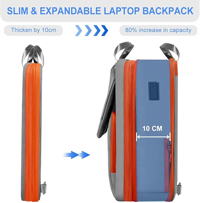 ZINZ Slim & Expandable Laptop Backpack 15.6 16 17 inch Travel Business Backpack Water-Resistant Daypack for Men and Women，Gray orange