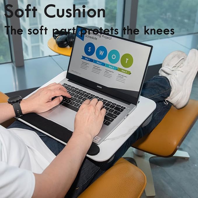 Portable Laptop Desk Fits Up to 16“ Laptops, with Tablet Slot, Built-in Cushion, Great for Home & Office,Lap Desk for Laptop,Lap Desk with Cushion (White Marble with Wrist Rest, Medium)