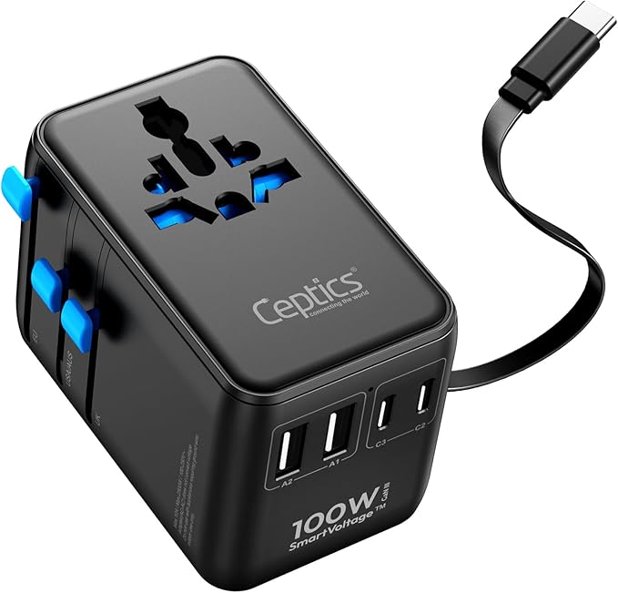 Ceptics GAN 100W Universal Travel Adapter with Retractable USB-C Cable, 2X USB-A & C, Universal Input and 1x USA/JP Input, 7 in 1 Universal Adapter for Worldwide Travel - Type A, C, G, I Output
