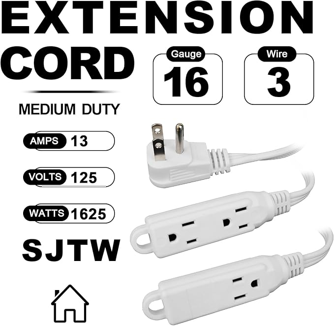EP 6 Ft 3 Outlet Extension Cord with Flat Plug, 3 Prong Grounded, 16/3 SPT-3 Power Cable for Indoor Use, White, 2 Pack