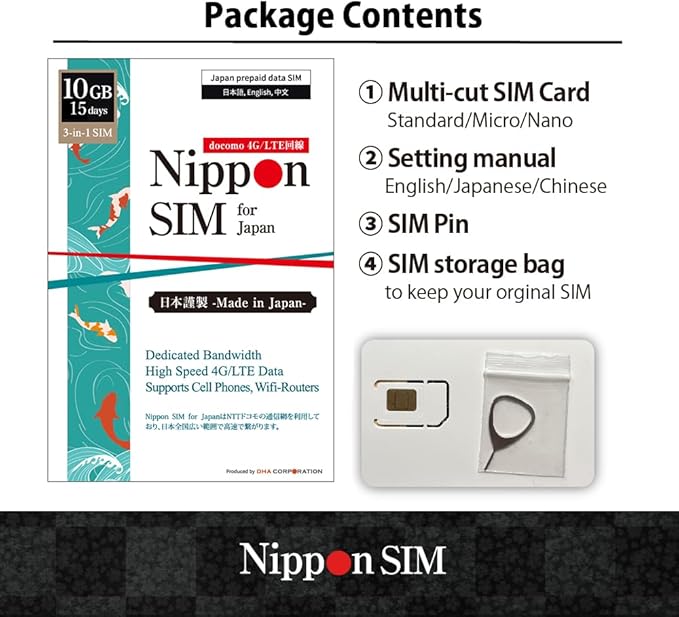 Japan SIM Card 15 Days Data Only | 10GB High-Speed 4G LTE + Unlimited Data at Reduced Speed | No Roaming Needed for Faster, Safer Access | Hotspot tethering Supported | Docomo Network | Made in Japan