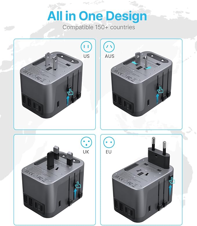 Universal Travel Adapter, VINTAR International Power Adapter with 6A 3 USB C and 2 USB Ports, All in One Travel Essentials Plug Adapter, Worldwide Outlet Converter for Europe UK USA AUS(Type C/G/A/I)