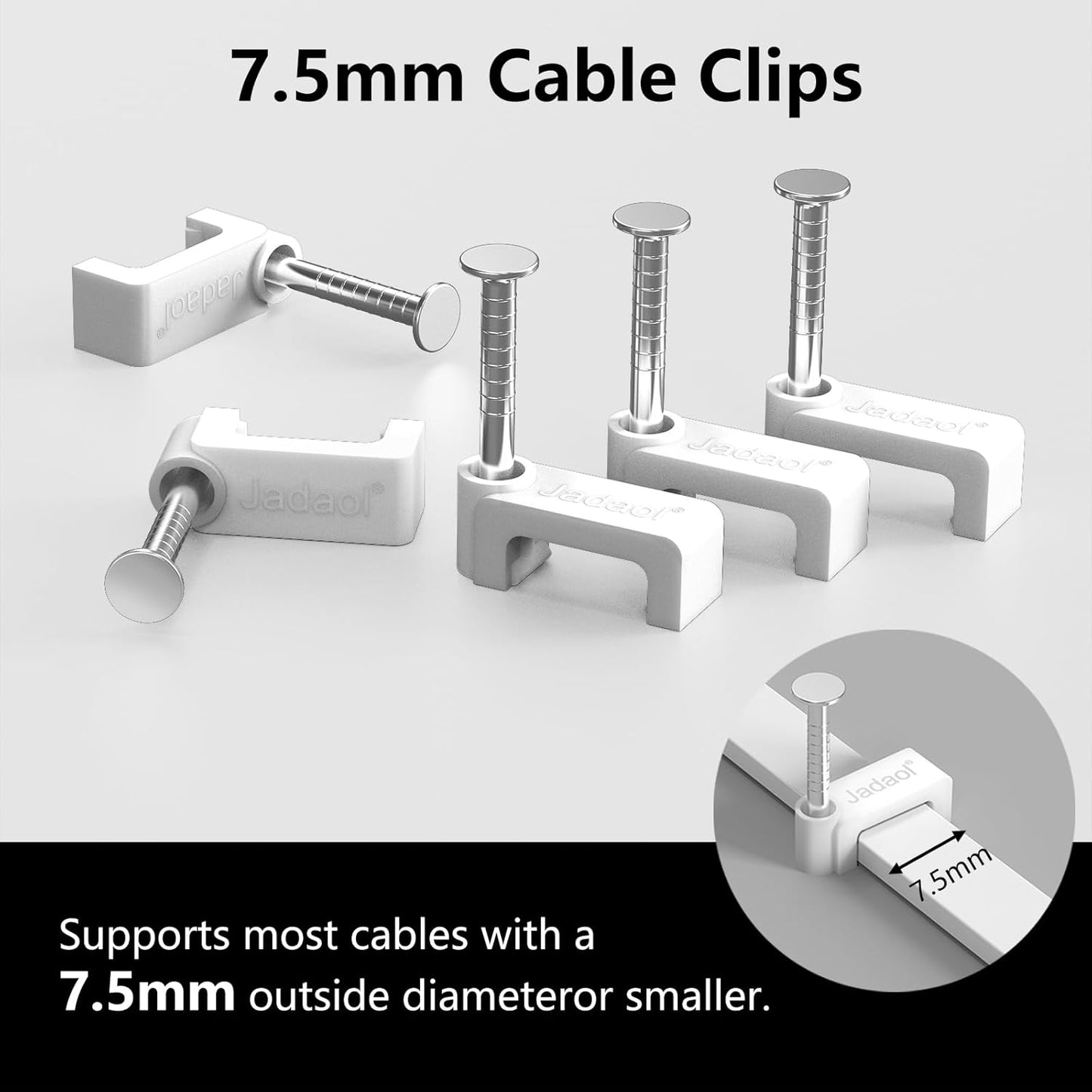 Jadaol 100Pcs 7.5mm Cable Clips with Nails, Custom Fit for Jadaol Cat6 Flat Ethernet Cable, Wall Wire Tacks for RJ45 LAN, Coax, Speaker, and Network Cables