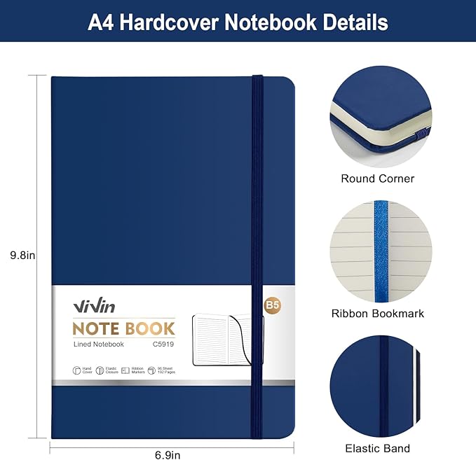 Vivin B5 College Ruled Notebook for Work,6.9"x9.8" Leather Hardcover Journal,192 Pages Professional Lined Notebook for Office & Business
