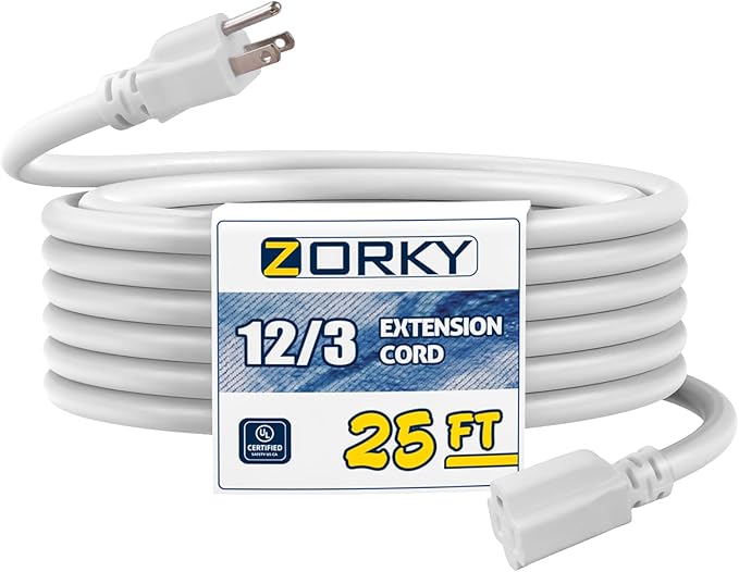 25ft Indoor Outdoor Extension Cord - 12/3 SJTW Heavy Duty Extension Cable with 3 Prong Grounded Plug for Safety -15Amp 1875W White Electric Cord Great for Garden, Appliances
