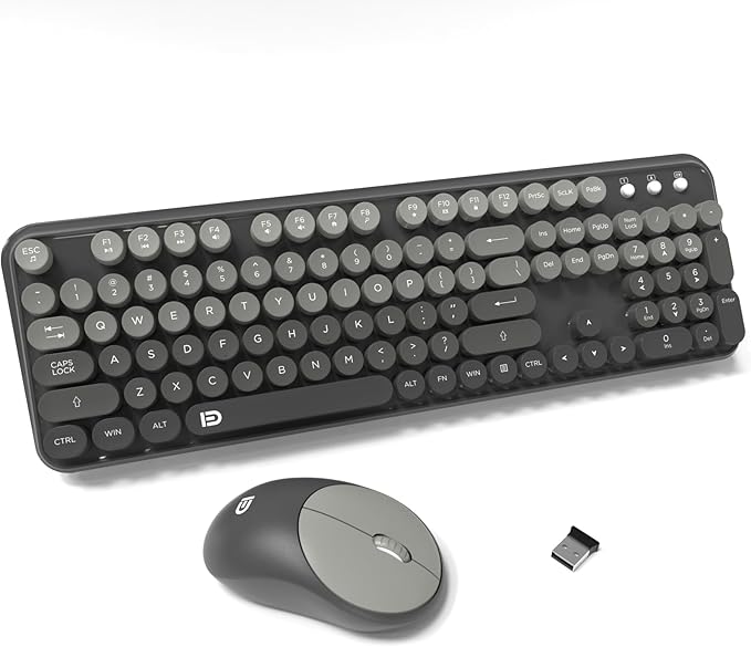 FD Wireless Keyboard and Mouse Combo - 2.4G Full-Sized Cute Colorful Mouse and Keyboard with 104 Round Keys Retro Typewriter Keyboards for Laptop/Windows/PC - Grey Gradient