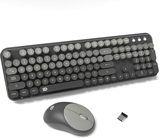 FD Wireless Keyboard and Mouse Combo - 2.4G Full-Sized Cute Colorful Mouse and Keyboard with 104 Round Keys Retro Typewriter Keyboards for Laptop/Windows/PC - Grey Gradient