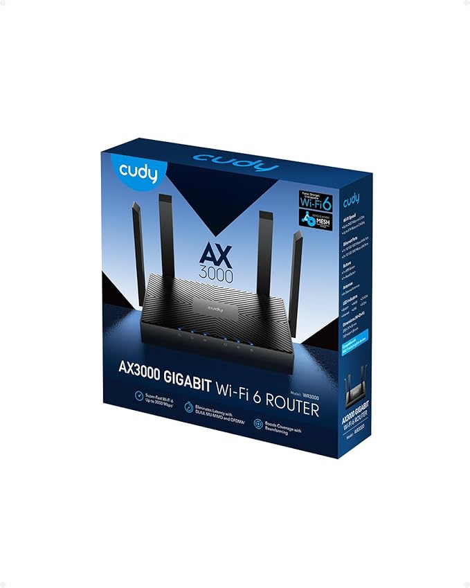 Cudy AX3000 WiFi 6 Router – 802.11ax Wireless Dual Band Gigabit Internet Router, VPN Compatible, MU-MIMO, WireGuard, Cudy Mesh Compatible WR3000