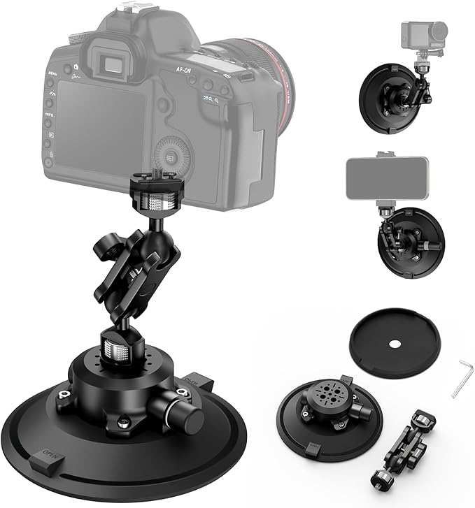 6" Camera Suction Cup Mount with Ball Head Magic Arm,Quick Release Metal Vacuum Suction Cup Mount Car Windshield Dash Mount for Action Camera/Phone Holders with 1/4",1/8" Holes(Black)