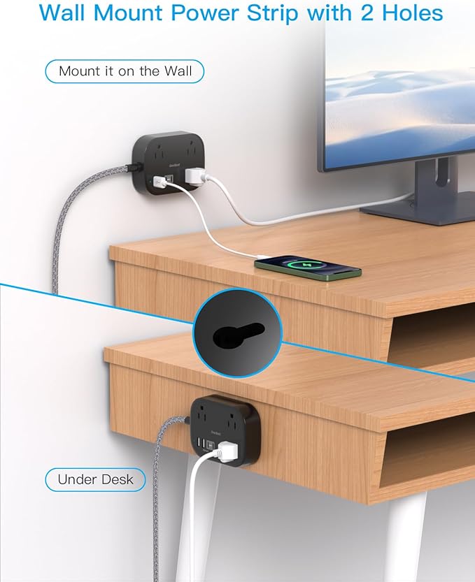 One Beat Cruise Ship Essentials,Travel Power Strip with USB C,Flat Plug Extension Cord with 3 Outlets 4 USB Ports(2 USB C),5 ft Desk Wall Outlet Extender,Non Surge Protector for Cruise,Dorm, Black
