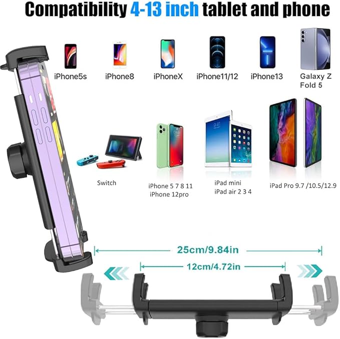 Tablet Holder Bike Mount Fit 4-13" iPad Phone for Peloton Treadmill, Upgrade Goosencek Clamp Mount for Spin Bike, Indoor Stationary Exercise Bicycle, Wheelchair, Mic Stand, Stroller Handlebar