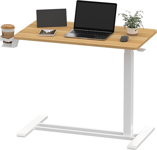 SANODESK Medical Adjustable Overbed Bedside Table with Hidden Casters, Pneumatic Mobile Laptop Computer Standing Desk Cart with Tray, Hospital and Home Use(31.5" W x 17.7" D, Maple)