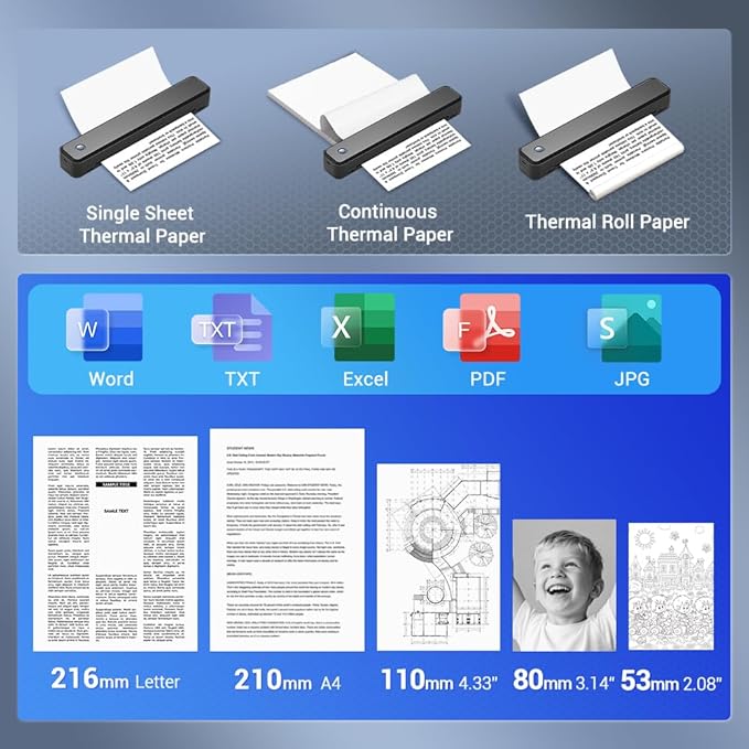 Inkless Portable Thermal Printer for Travel, Bluetooth Mobile Compact Printer Wireless Support 8.5" X 11" US Letter & A4 Size, Compatible with iPhone Android Laptop for Home Car Office