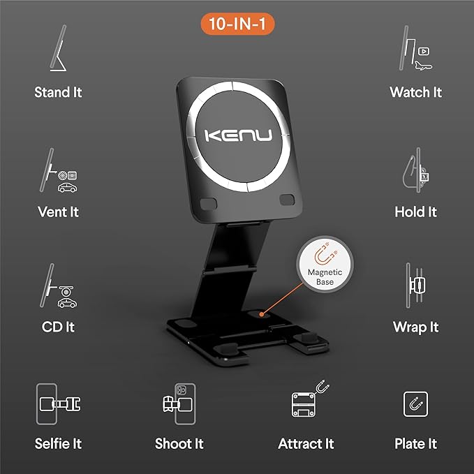 Kenu Stance+ 10-in-1 MagSafe Super Gadget, Magnetic Tripod Stand, Car Vent+Dash+CD Mount, Finger Holder, Airplane Mount, Selfie Stick, More