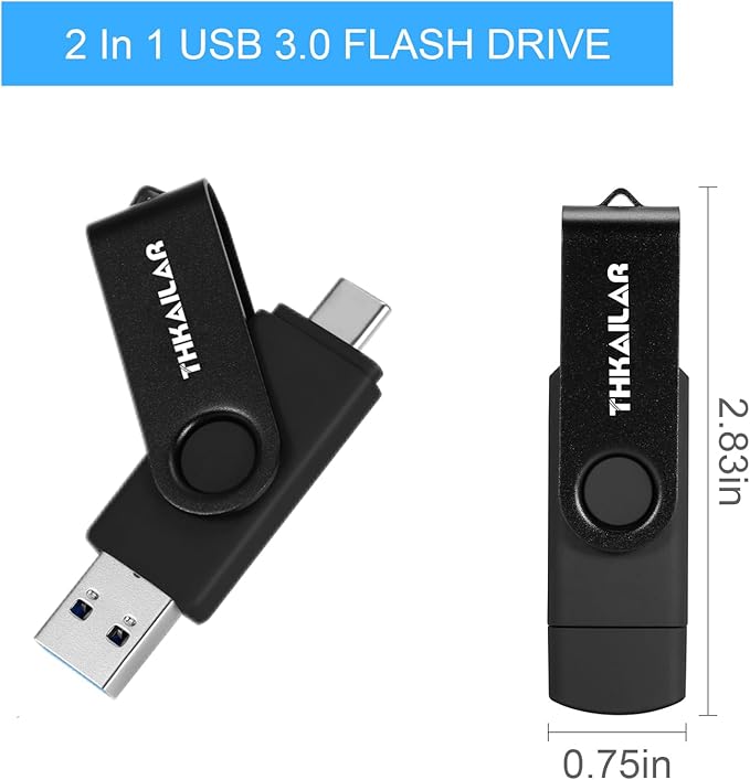 Thkailar 64GB Type C 3.1 USB Flash Drive-2 in 1 Thumb Drive with USB A and Type C Port-Compatible with Mac Pro/Laptops/PC Transfer Data(Black)
