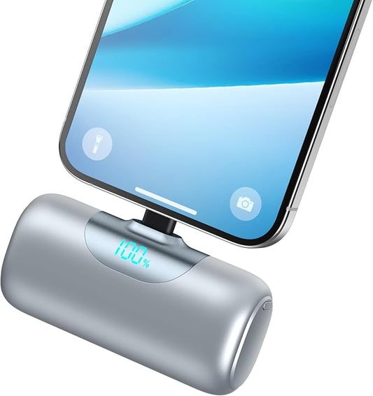 Mini Portable Charger for iPhone,Upgraded 22.5W PD Fast Charging 5500mAh Ultra-Compact Power Bank,LCD Display Plug-in Cute Battery Pack Travel Essentials for iPhone 14/14Pro/13/12/11/X/8/7/6 (Silver)