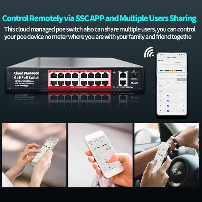 Poe Switch, 16 Port PoE+ Switch, Cloud Managed 10/100Mbps Ethernet Switch, 16 Poe Ports @200W, 2 Gigabit Uplink Ports, 1*SFP Slot, APP Smart Managed, Overload Protection w/ Port, Plug and Play