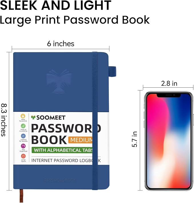Password Book with Alphabetical Tabs, Hardcover Password Keeper, A5 Size 8.3"x6" Password Notebook for Saving Internet Login, Username, Password Organizer for Computer & Website Logins, Blue