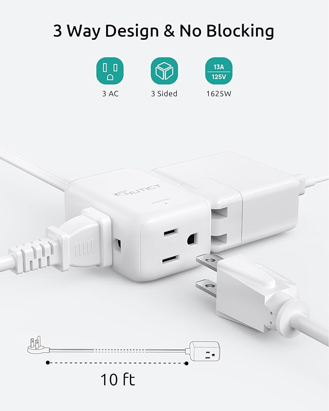 Extension Cord Flat Wall Plug 10ft, NUTICT Indoor 3 Prong Long Cord Extension with 900J Surge Protector, 13A/1625W, 16 AWG, Ultra-Thin Low Profile Right Angle Flat Plug, Behind Bed Sofa Dresser, White